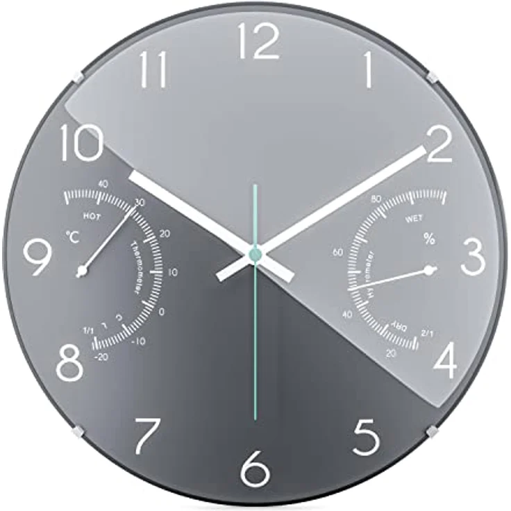 Mebus Quarz-Wanduhr mit Thermometer und Hygrometer, Glas, Grau, 30 cm – Bild 1