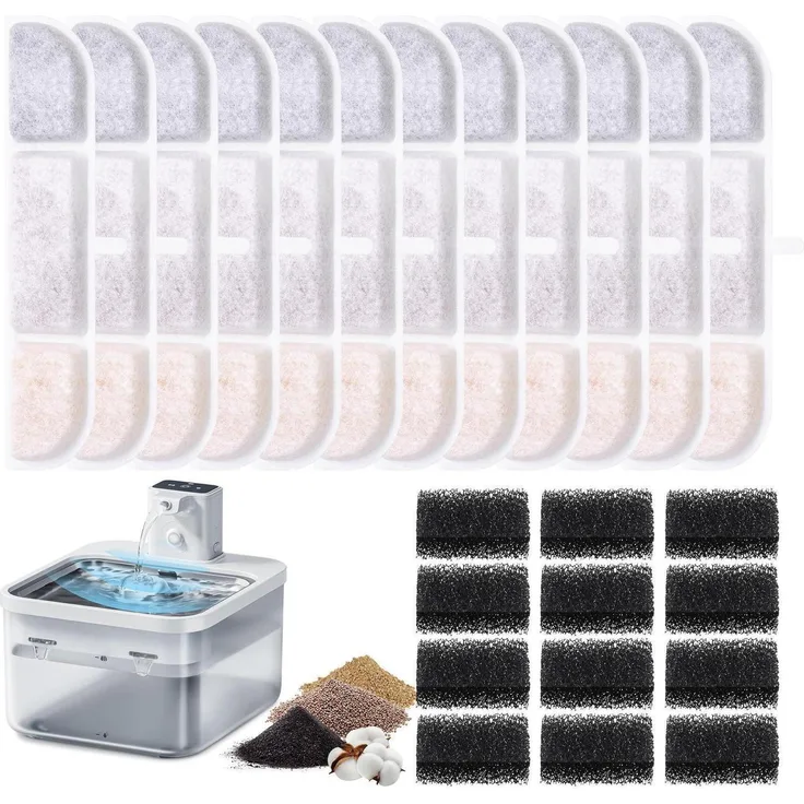 DownyPaws Ersatzfilter für Katzenbrunnen DPWFP6, 24 Stück, 5-Stufige Filtration mit Harz, Aktivkohle und Filterstein, für 2,5L Brunnen, Vorrat für 6 Monate