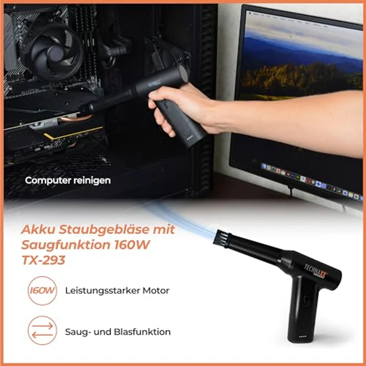 Technaxx Krümel-Akkusauger Technaxx Akku Staubgebläse mit Saugfunktion 160W TX-293, Handstaubsauger mit 5 Aufsätzen, schwarz – Bild 4
