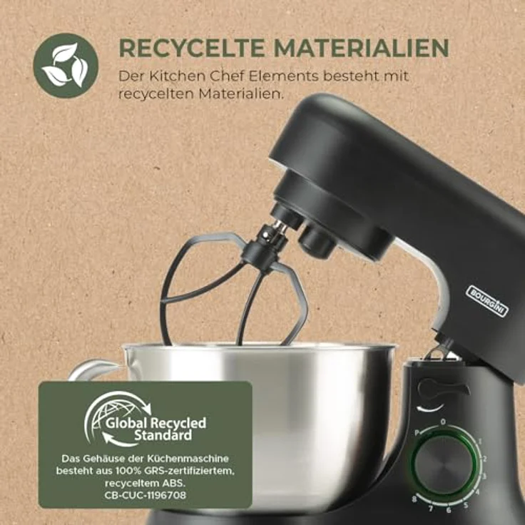 Bourgini Elements Küchenmaschine, 1000 W, 4,5 L Edelstahl-Rührschüssel, 8 Geschwindigkeiten, Pulsfunktion, 3 spülmaschinengeeignete Zubehörteile, GRS-zertifiziert – Bild 5
