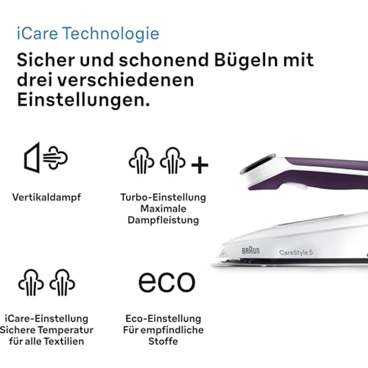 Braun CareStyle 5 IS5247VI Dampfbügeleisen mit FreeGlide-Technologie 3D, 145 g/min Dampf, schnelles Aufheizen, iCare-Modus, vertikales Bügeln, abnehmbarer 2-L-Tank, 2400 W, Violett – Bild 2