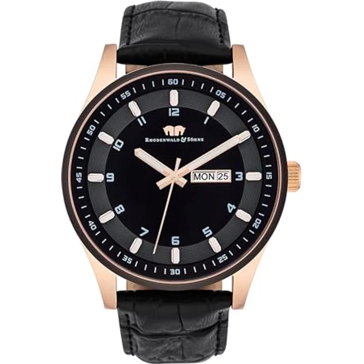 Rhodenwald & Söhne Couragian Herrenuhr Quarzuhr Edelstahl roségold/schwarz 5 ATM - Präzisions-Quarzwerk Echtlederarmband schwarz – Bild 1