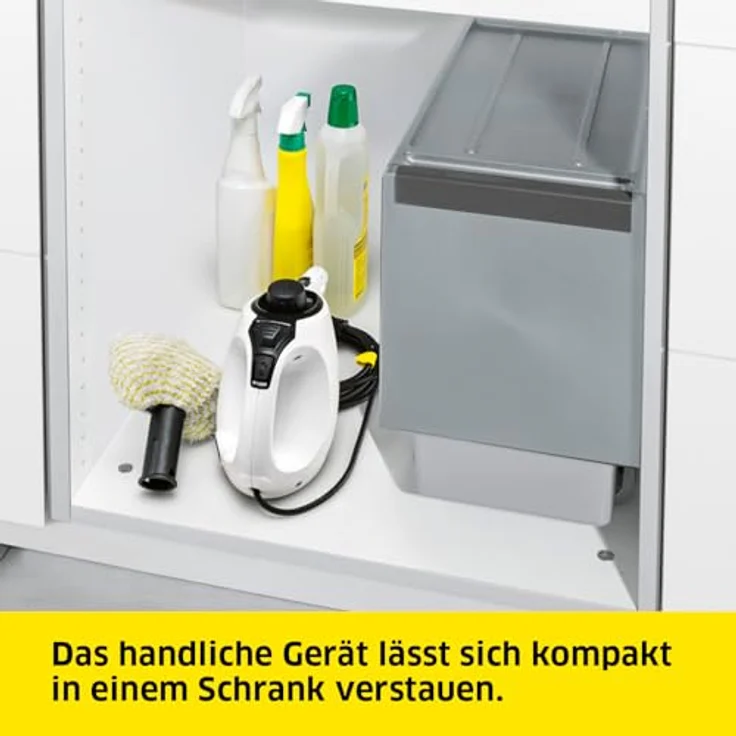 Kärcher Dampfreiniger SC 1, Dampfdruck: 3 bar, Aufheizzeit: 3 min., Leistung: 1.200 W, Flächenleistung: 20 m², Tank: 200 ml, mit Hand-, Punktstrahl- und Powerdüse, Mikrofaser-Überzug und Rundbürste – Bild 4