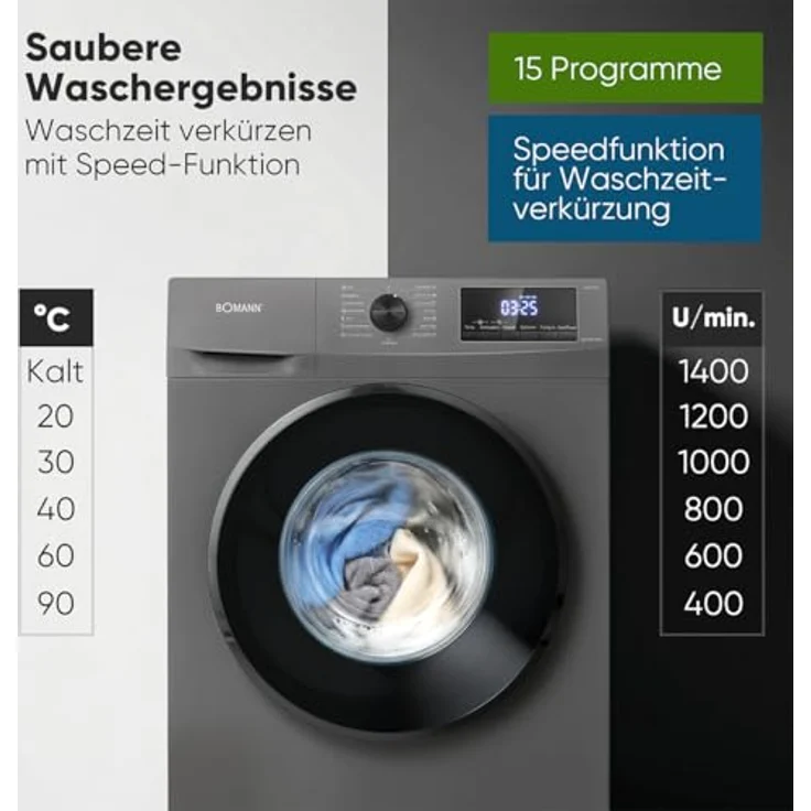 Bomann® WA 7175.1 Waschmaschine 7kg, Inverter-Motor, max. 1400 U/min, LED-Display, 15 Programme, Titan – Bild 5