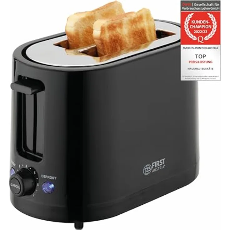 TZS First Austria Doppel Kurzschlitz Toaster, 2 Scheiben, schwarz, 750W, 7 Stufen, Warmhalte- und Auftaufunktion, inkl. Krümelschale
