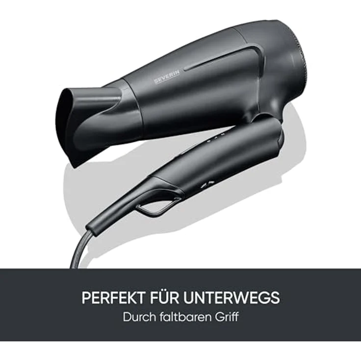 SEVERIN Reise-Haartrockner HT 0159, kompakt und leistungsstark, faltbarer Griff, Dual Voltage, Kaltlufttaste, 1.600 Watt, schwarz – Bild 2