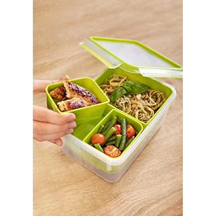Emsa N1071600 Clip & Go Lunchbox XL (Fassungsvermögen: 2,3 Liter, rechteckig, inkl. 3 Einsätze und extra Behälter) transparent-hellgrün – Bild 2