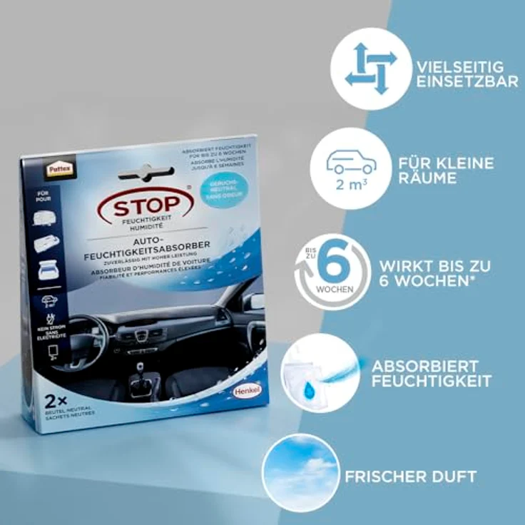 Pattex Aero 360° Auto Sachet, Luftentfeuchter mit ultrasaugfähigem Granulat, 2 x 50g – Bild 4