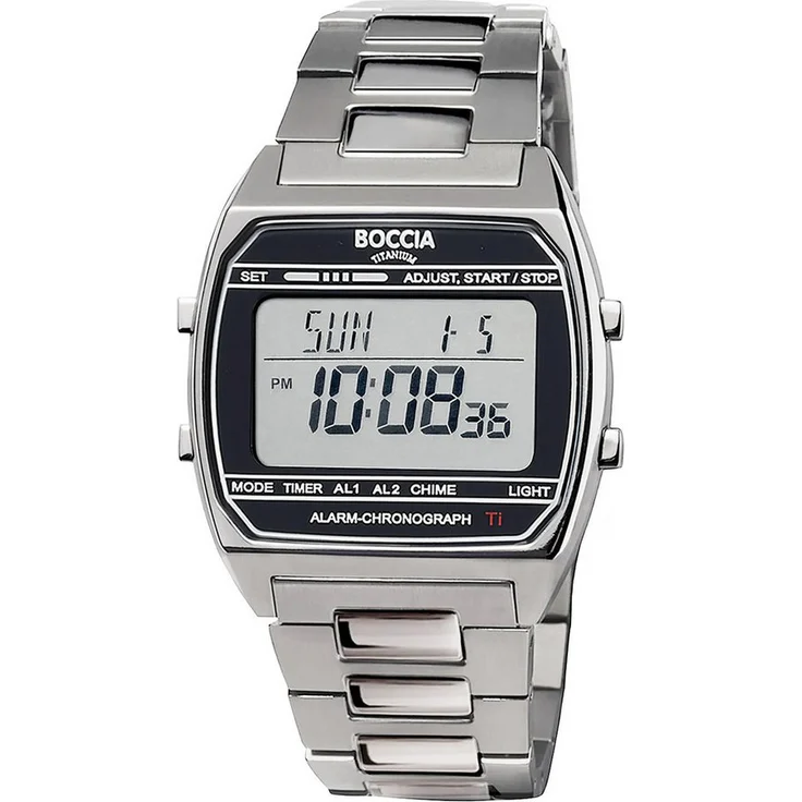 Boccia Digitaluhr Titan Grau, Digitale Armbanduhr mit Quarzwerk, Stoppfunktion, Timer, 2 Alarmzeiten, wasserdicht bis 5 bar