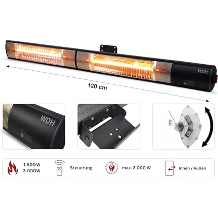 Aktobis Wand-Heizstrahler, Balkonheizer, Zeltheizer WDH-300WS (Schwarzmetallic + bis 3.000 Watt + Geringe Blendwirkung), Heizstrahler – Bild 7
