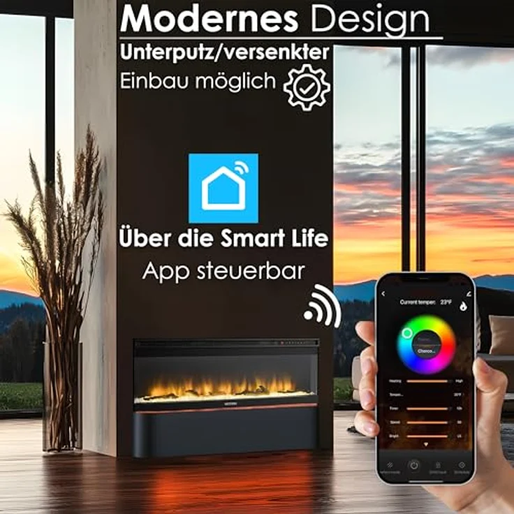 Echos Elektrokamin 1500 W | 13 realistische Flammeneffekte | Wandmontage oder Einbau, schwarz – Bild 5