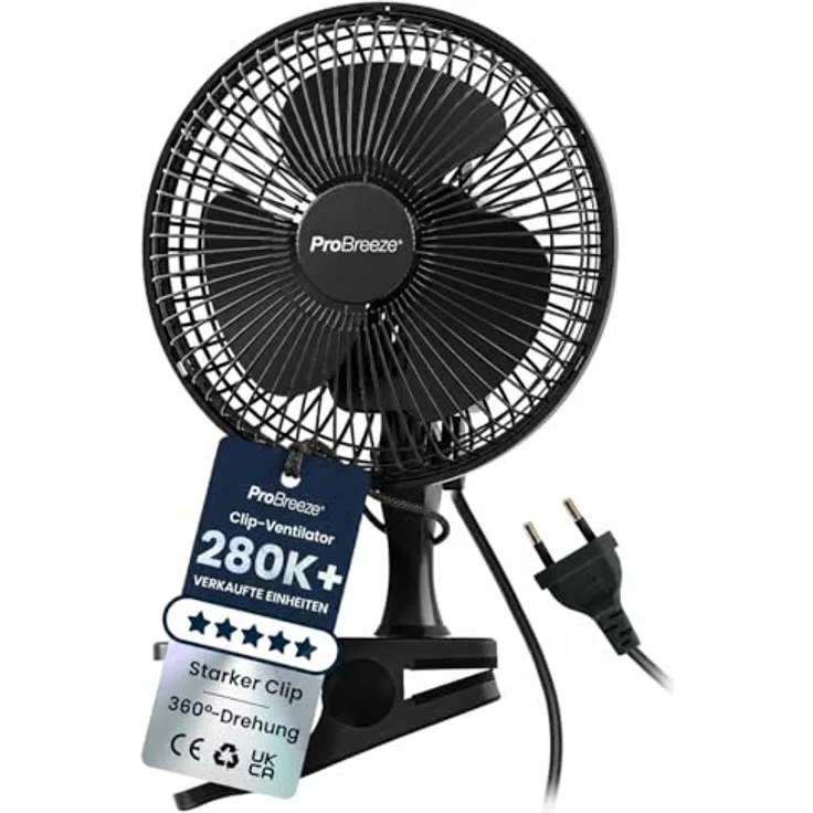 Pro Breeze Mini Ventilator mit Clip, 15 cm Durchmesser, 2 Geschwindigkeitsstufen, leiser Betrieb, 360° Rotation, ideal für Schreibtisch, Schlafzimmer und Growbox