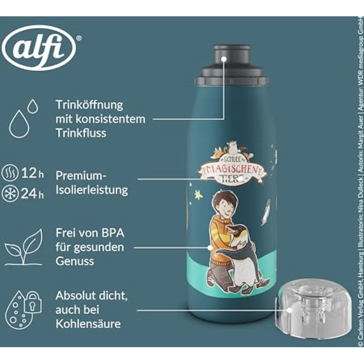 alfi KIDS ISO BOTTLE 350ml Benni, Isoliertrinkflasche für Kinder aus Edelstahl, auslaufsicher mit Drehverschluss, hält 12 Stunden heiß, 24 Stunden kalt, für Kohlensäure geeignet, BPA-frei – Bild 3