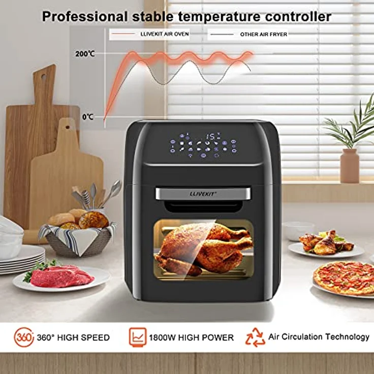 LLIVEKIT Heißluftfritteuse Heißluft-Backofen 12L, Mini-Backofen 1800W mit 6 Zubehör & Rezeptbuch, 12 in 1 Heissluftfritteuse mit digitalen LED-Display, Obst Dehydrator, Barbecue, Air Fryer ohne Öl – Bild 3