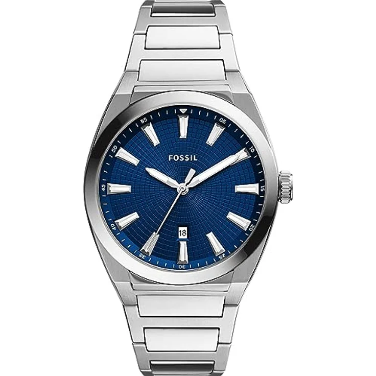 Fossil Herrenuhr Everett 3Zeiger, Quarzwerk, 42 mm silbernes Edelstahlgehäuse mit Edelstahlarmband, FS5822 - Silberfarben, rundes Edelstahlgehäuse mit blauem Zifferblatt, wasserdicht bis zu 50 m – Bild 1