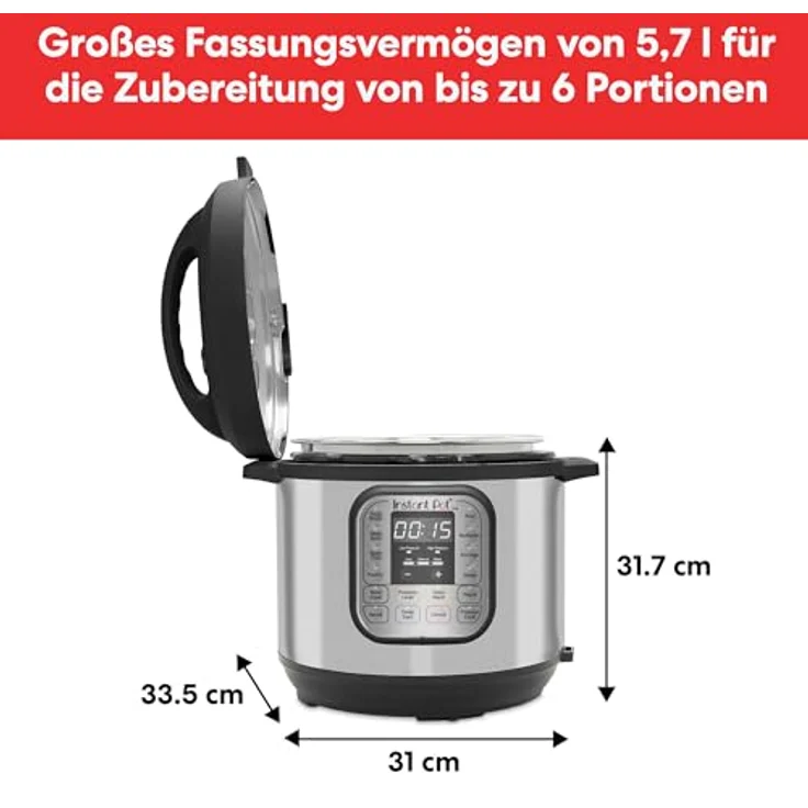 Instant Pot Duo 7-in-1-Multikocher 5,7 l – gebürstetes Edelstahl, großer Schnellkochtopf, Schongarer, Reiskocher, Sauteuse, Joghurtbereiter, Dampfgarer, Speisenwärmer, spülmaschinenfest – Bild 3