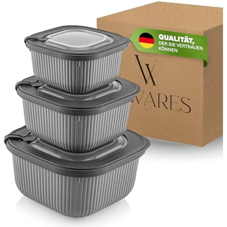 VIWARES Frischhaltedosen 3er Set mit transparentem Ventildeckel, stapelbare Aufbewahrungsbehälter, BPA-frei, mikrowellen- und kühlschrankgeeignet, 3 Größen (600ml/1100ml/1800ml) – Bild 1