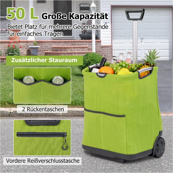 COSTWAY Einkaufstrolley, 50 l klappbarer Einkaufswagen mit stabilem Aluminiumrahmen und verstellbarem Lenker