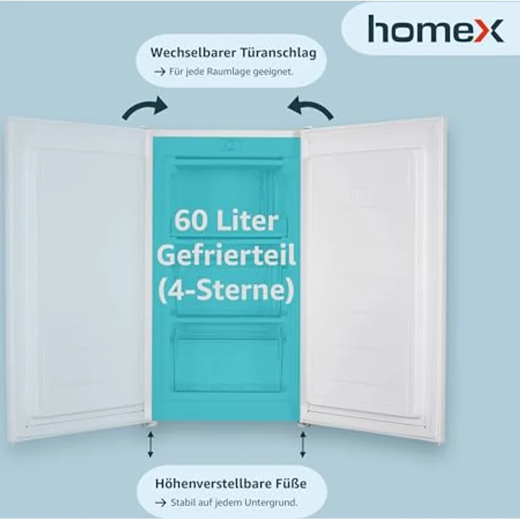 homeX FS1016-W, Kompakter Gefrierschrank mit 60L Nutzinhalt, 4-Sterne Gefrieren, freistehend, weiß – Bild 3