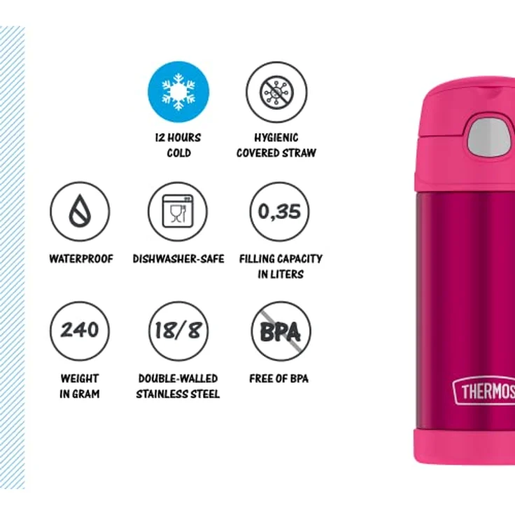 THERMOS kids FUNTAINER STRAW BOTTLE 0,35l, pink, Edelstahlflasche mit Strohhalm, 12h Kälteschutz, absolut dicht, spülmaschinenfest – Bild 5