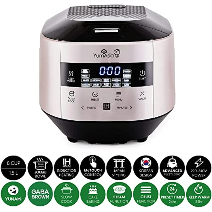 Yum Asia Bamboo Reiskocher mit Induktionsheizung (IH) und Keramikschale, 7 Reiskochfunktionen, 4 Multikocherfunktionen, Motouch LED-Anzeige (1,5 Liter) 220-240V Europa Power (Champagne Rose) – Bild 2