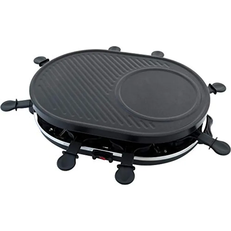Expo Börse Raclette Tischgrill für 8 Personen, Partyraclette mit Crêpesmaker, 8 Anti-Haft Pfännchen, 1200 W, ovale Form, schwarz
