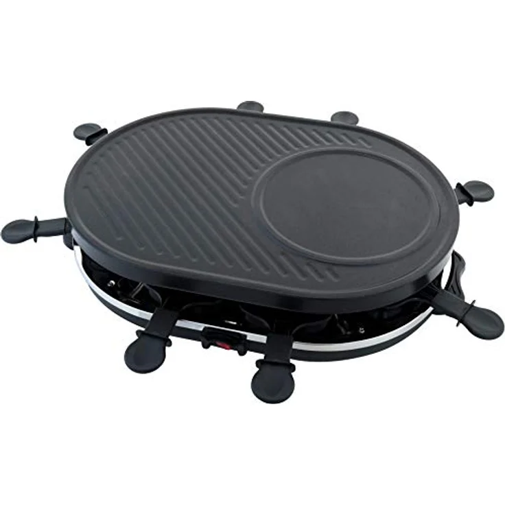 Expo Börse Raclette Tischgrill für 8 Personen, Partyraclette mit Crêpesmaker, 8 Anti-Haft Pfännchen, 1200 W, ovale Form, schwarz – Bild 1