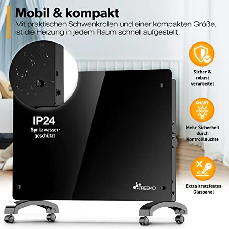 TRESKO Elektroheizung Schwarz 2000W Glaskonvektor Konvektor Wand Heizung Glas Heizkörper Bad, Konvektor – Bild 5