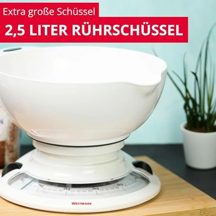 Westmark Küchenwaage mit Rührschüssel, mechanische Waage bis 5 kg mit 2,3 l Schüssel, weiß, platzsparend und ohne Batterien – Bild 2