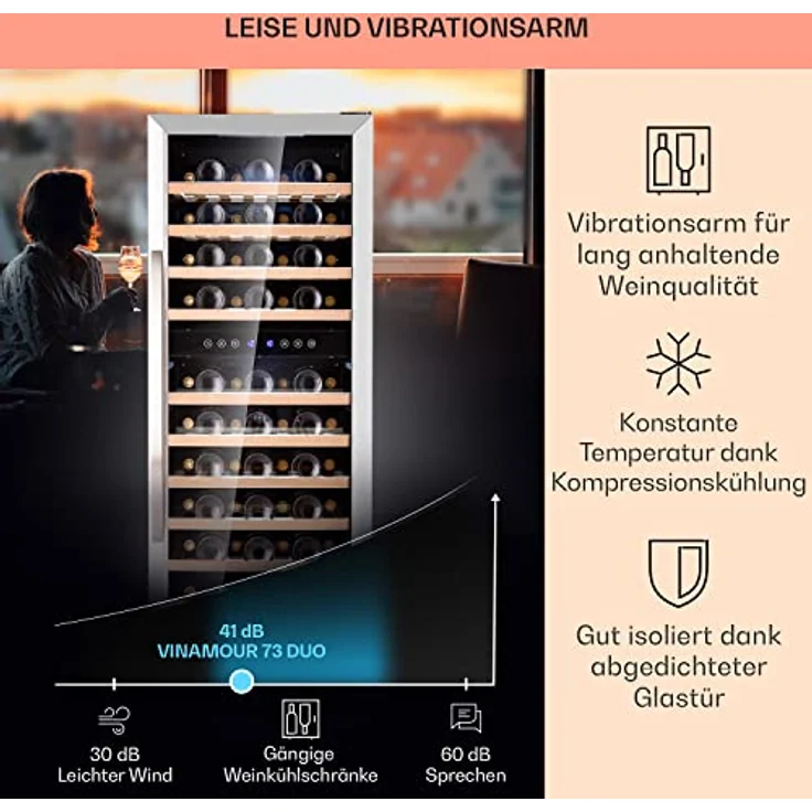 Klarstein Vinamour 73 Duo Weinkühlschrank, freistehend, silber, 73 Flaschen, 2 Temperaturzonen, 5-18°C, Touch, Energieklasse G – Bild 5