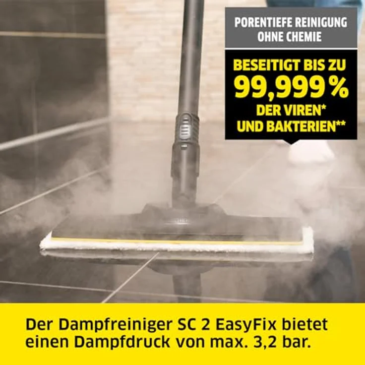Kärcher Dampfreiniger SC 2 EasyFix, Dampfdruck: 3,2 bar, Aufheizzeit: 6,5 min., Leistung: 1.500 W, Flächenleistung: 75 m², Tank: 1 l, mit Bodenreinigungsset EasyFix, Düsen und Mikrofaserbezug, Weiss – Bild 2
