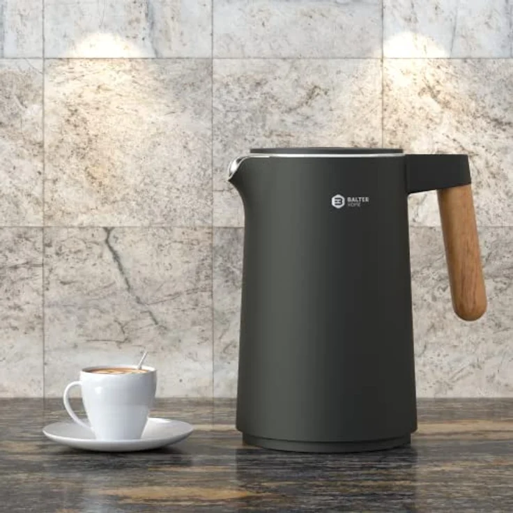BALTER Edelstahl Wasserkocher mit Temperatureinstellung, 45°C-100°C, Doppelwand, BPA frei, leise & kabellos, Warmhaltefunktion, Teekocher mit Temperaturanzeige, 1.5L, 2200W, Schwarz (Blue Gray) – Bild 5
