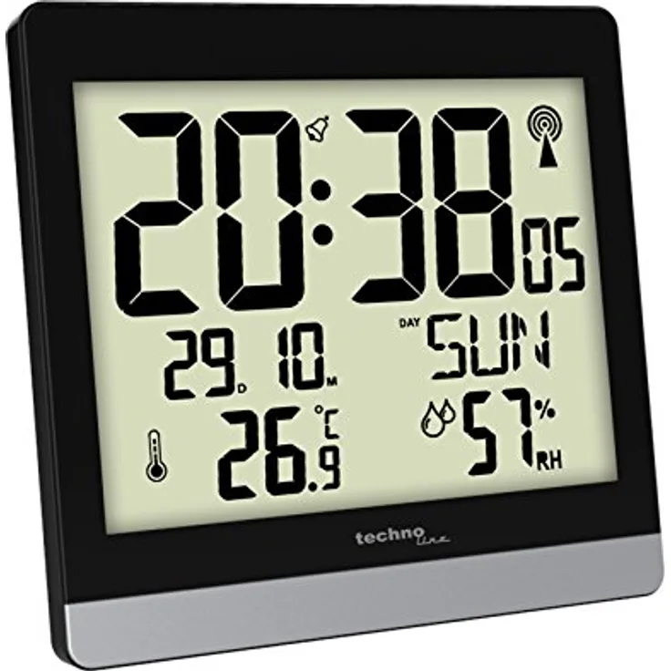 Technoline Funkwanduhr WS 8014, Schwarz, DCF-77 Funkuhr mit Datums- und Wochentagsanzeige, Innentemperatur- und Luftfeuchteanzeige, Weckalarm mit Schlummerfunktion