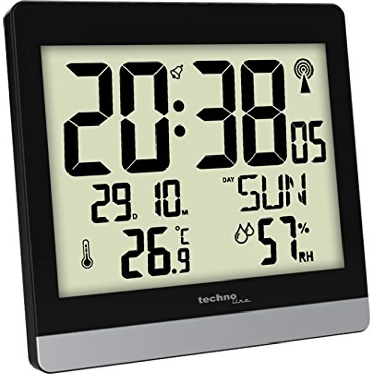 Technoline Funkwanduhr WS 8014, Schwarz, DCF-77 Funkuhr mit Datums- und Wochentagsanzeige, Innentemperatur- und Luftfeuchteanzeige, Weckalarm mit Schlummerfunktion – Bild 1
