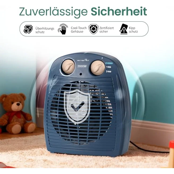 Emerio Heizlüfter FH-106737.12, 2000W Heizgerät für Räume bis 25 m², 2 Heizstufen, Ventilationsfunktion, einstellbarer Thermostat, Sicherheits-Kippschutz, Blau – Bild 6