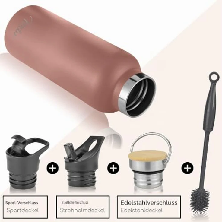 Milu Edelstahl Trinkflasche 1000ml, doppelwandige Thermosflasche mit Strohhalm, isolierte, auslaufsichere Wasserflasche in Rose Gold, inkl. 3 Deckel – Bild 3