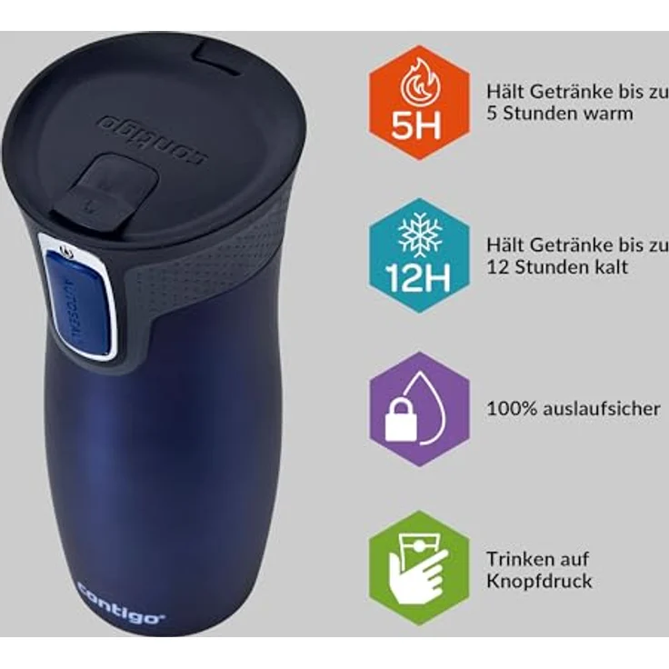Contigo Thermobecher West Loop Autoseal, Edelstahl Isolierbecher, Kaffebecher to go, auslaufsicher, spülmaschinenfester Deckel BPA-frei, 470 ml , Monaco , 470 ml – Bild 3
