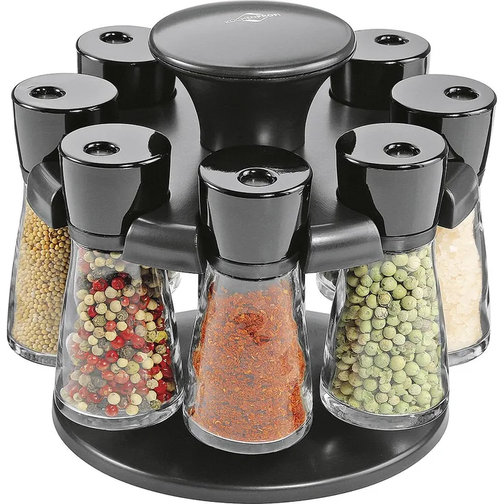 Küchenprofi Gewürzkarussell 'Rondo' 9-teilig, Pfeffermühle + Salzmühle, Schwarz, kompakte Größe, beschreibbare Aufkleber, Dosierwahl