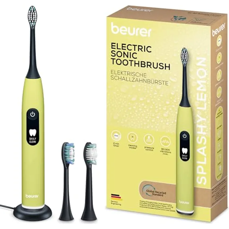 Beurer SC 50 Green Planet Splashy Lemon, Schallzahnbürste mit 80.000 Schwingungen/Minute, 5 Reinigungsprogrammen, integrierten Andrucksensor und LCD-Display, Farbe: Lemon