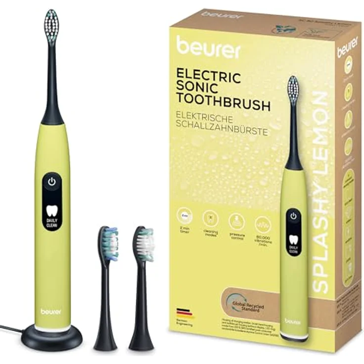 Beurer SC 50 Green Planet Splashy Lemon, Schallzahnbürste mit 80.000 Schwingungen/Minute, 5 Reinigungsprogrammen, integrierten Andrucksensor und LCD-Display, Farbe: Lemon – Bild 1