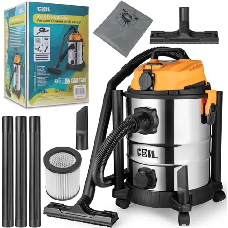 COIL Industriesauger Profi Nass- & Trockensauger, 1300 W, 25-Liter Edelstahlbehälter, mit HEPA-Filter, Steckdose & Blasfunktion, beutellos, 18 kPa Saugkraft