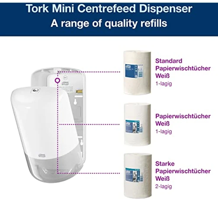Tork Mini Centrefeed Papierhandtücher Starter Pack - 958000 - M1 + Nachfüllpapier (120 Meter), Groß – Bild 2