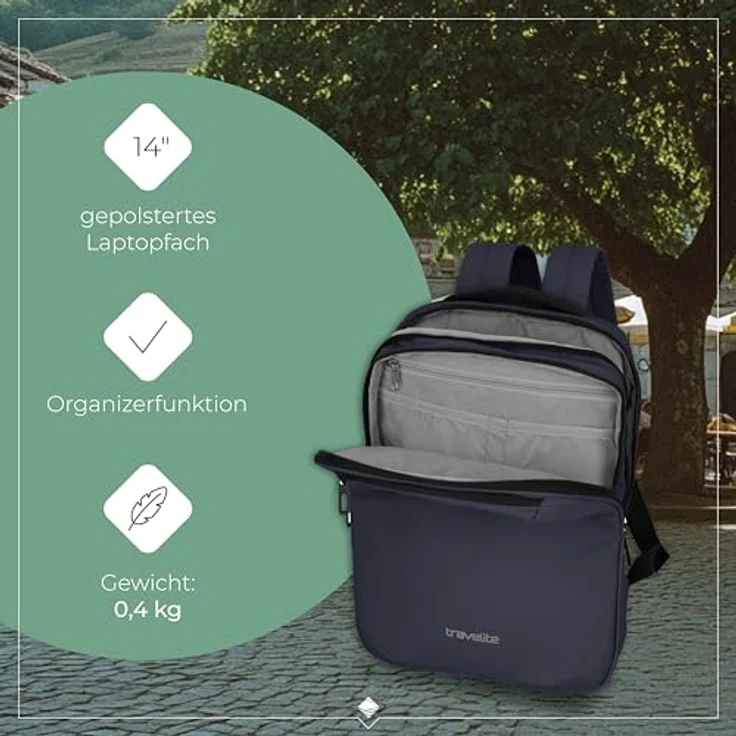 travelite Daypack BASICS Plane RV, Freizeitrucksack mit Laptopfach für Geräte bis 14", wasserabweisend, Sicherheitsfach, in trendigen Farben erhältlich – Bild 3