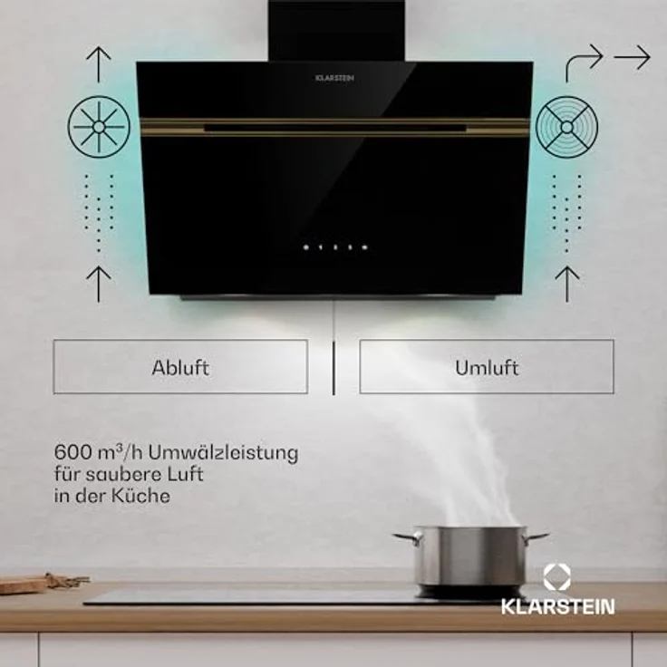 Klarstein Alina Dunstabzugshaube, EEK A, 600 m³/h, Touch LED-Beleuchtung, Schwarz/Metallic, Abluft/Umluft – Bild 2