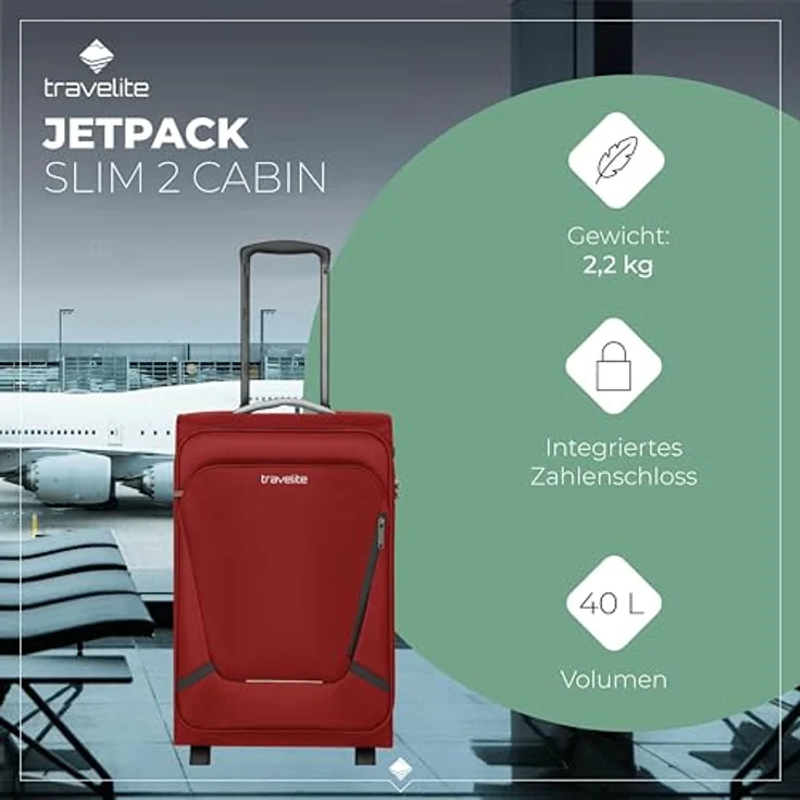 Travelite Jetpack Handgepäck Koffer, 55x35x23 cm, 40 l, 2,2 kg, rot, mit integriertem Zahlenschloss und Aufsteckfunktion für Air France, KLM + ITA – Bild 2