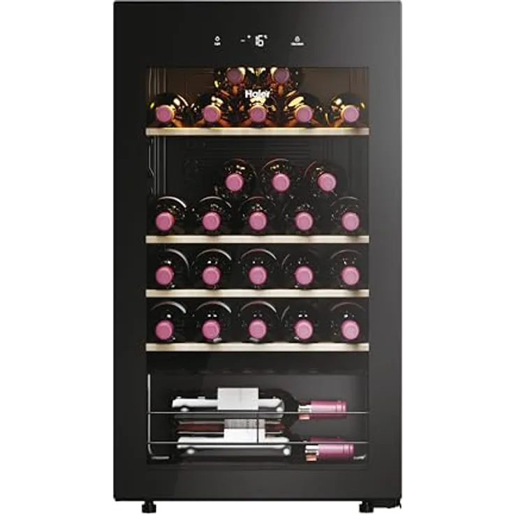 Haier HWS34GGH1 Weinklimaschrank 50 SERIE 3 / Für 34 Flaschen/WiFi & hOn-App / 1 Zone/Vibrationsarmer Kompressor/UV-undurchlässige Glastür / 4 Holzablagen/LED-Beleuchtung