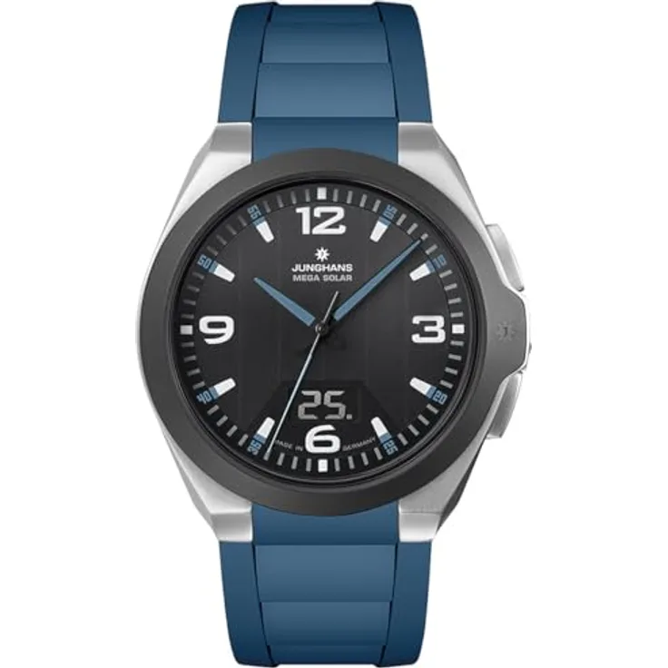 JUNGHANS Spektrum Mega Solar Funk-Solar Herrenuhr, blau, Edelstahl schwarz, kratzfest, leuchtende Anzeige