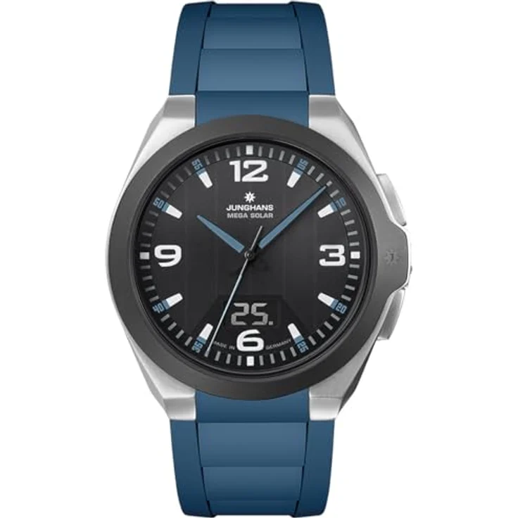 JUNGHANS Spektrum Mega Solar Funk-Solar Herrenuhr, blau, Edelstahl schwarz, kratzfest, leuchtende Anzeige