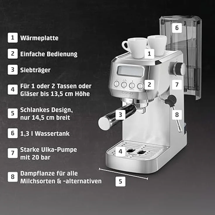 CASO EspressoGourmet Crema, Edelstahl Siebträgermaschine mit 20 bar ULKA-Pumpe, Milchaufschäumer, LCD-Display und abnehmbaren Wassertank – Bild 3