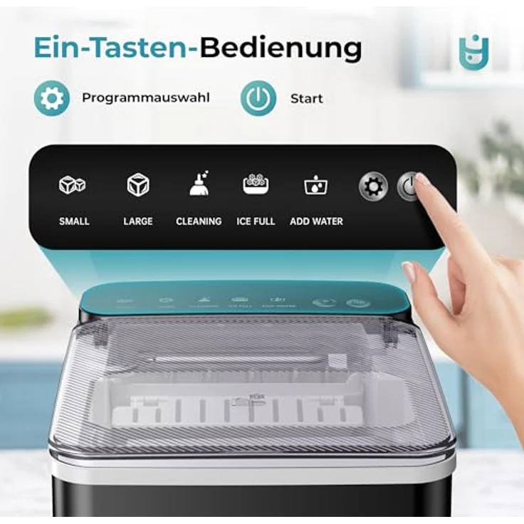EUHOMY Eiswürfelmaschine, kompaktes Design, Ein-Knopf-Einstellung, 9 bullet-förmige Eiswürfel in 2 Größen, automatische Reinigung, intelligente Warnungen, transparenter Deckel, schwarz – Bild 2